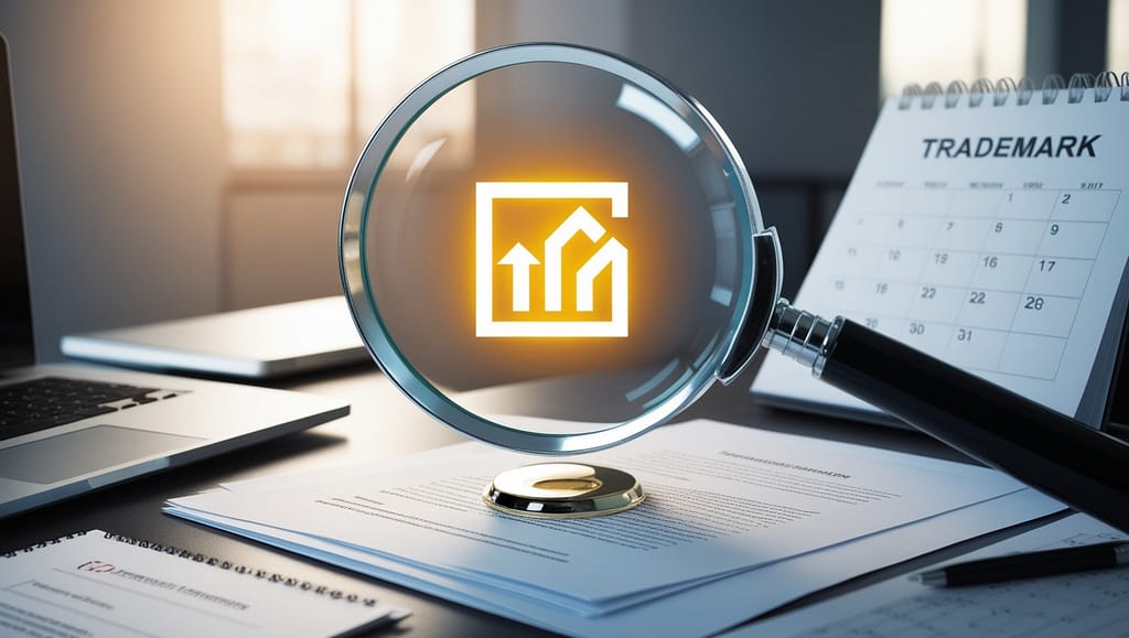 A magnifying glass highlighting trademark registration completed company logo