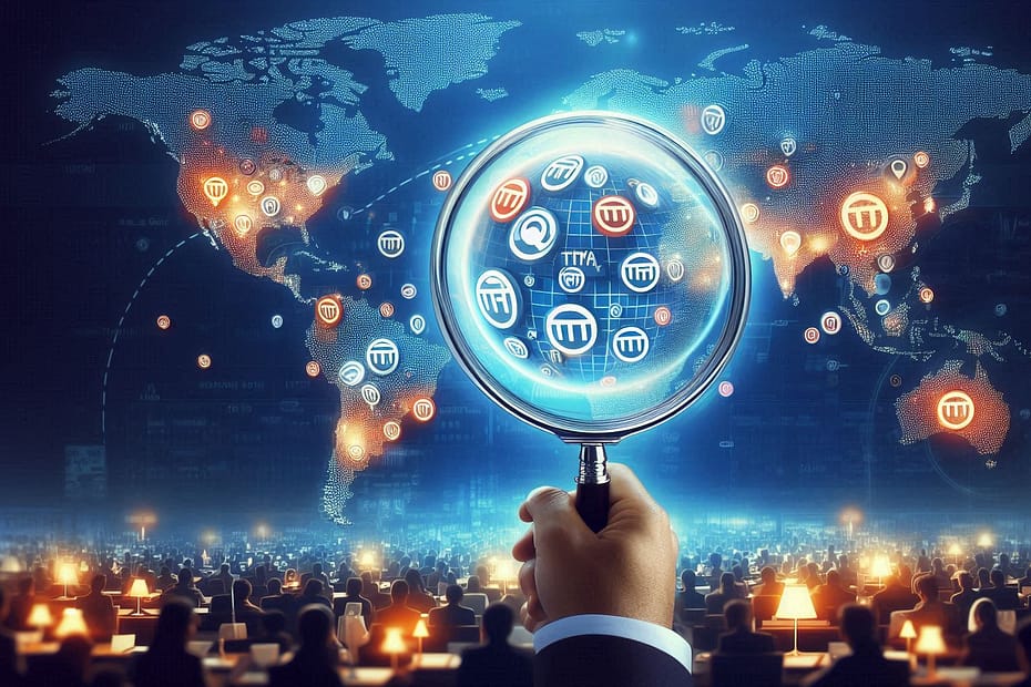 World map with a magnifying glass zoomed in on multiple international trademark registration completed company logos.