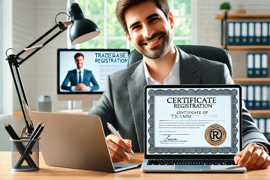 happy businessman after trade mark a company name