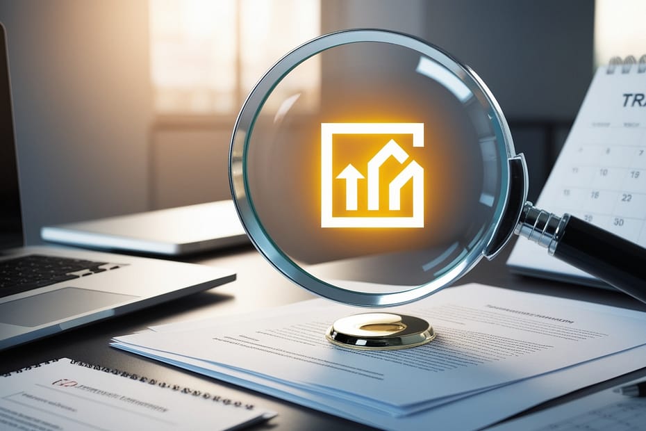 A magnifying glass highlighting trademark registration completed company logo